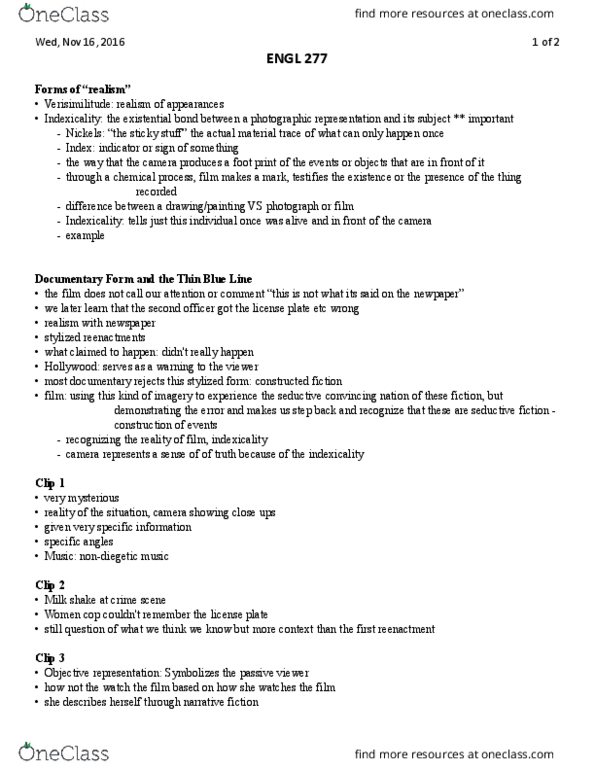 ENGL 277 Lecture Notes - Lecture 20: Verisimilitude, Indexicality, Diegesis thumbnail