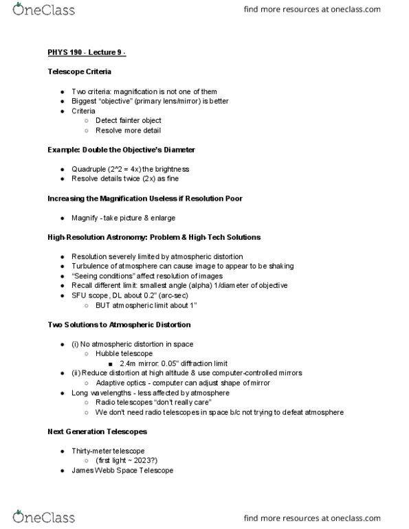 PHYS 190 Lecture Notes - Lecture 9: Adaptive Optics, Minute And Second Of Arc, James Webb Space Telescope thumbnail