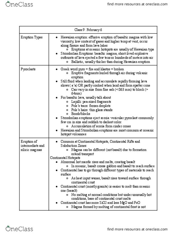 GEOL 306 Lecture Notes - Lecture 9: Rhyolite, Magma Chamber, Hawaiian Eruption thumbnail