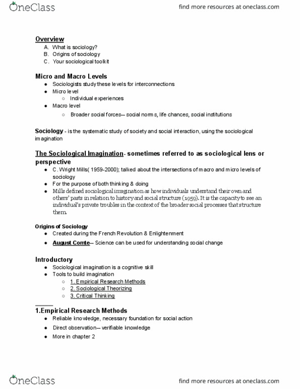 SOCI-100 Lecture Notes - Lecture 1: Proletariat, False Consciousness, Social Change thumbnail