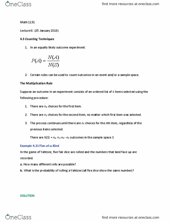 MATH 1131 Lecture Notes - Lecture 5: Sample Space, Royal Institute Of Technology thumbnail