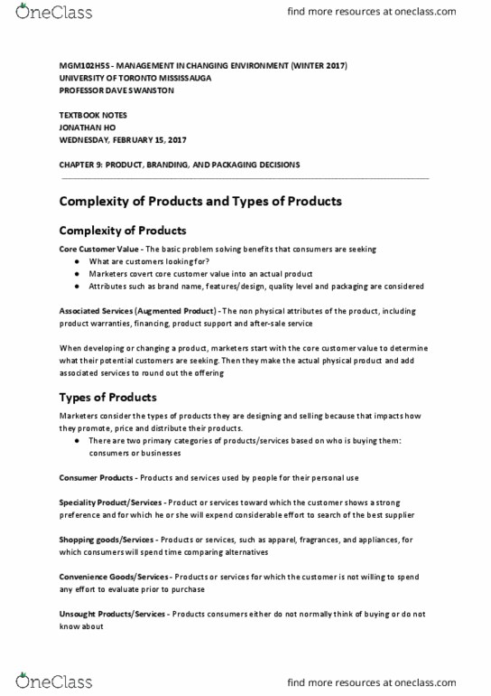 MGM102H5 Chapter Notes - Chapter 9: Instant Coffee, University Of Toronto Mississauga, Rice Krispies thumbnail