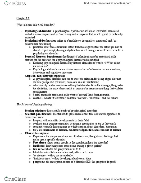 PSYCH 2AP3 Chapter Notes - Chapter 1.1: Syphilis, Etiology, Biology Of Depression thumbnail