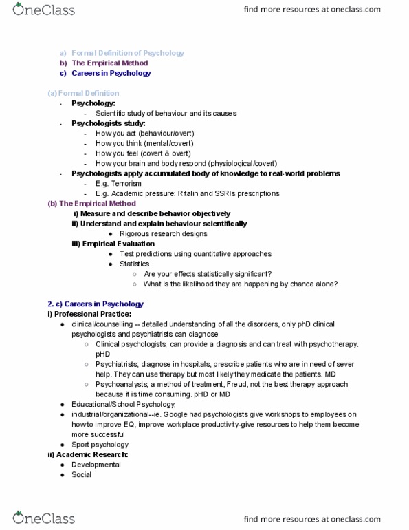 PSYC 1010 Lecture Notes - Lecture 1: Sport Psychology, Methylphenidate, Psychometrics thumbnail