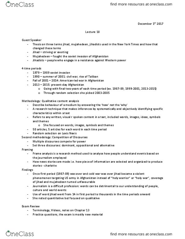 CMN 2101 Lecture Notes - Lecture 18: Mujahideen, Frame Analysis, Lexisnexis thumbnail