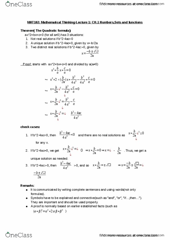 CSC165H1 Lecture Notes - Lecture 1: Quadratic Formula thumbnail