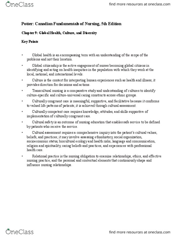 NURS 202 Chapter Notes - Chapter 9: Global Health, Ethnohistory, Global Citizenship thumbnail
