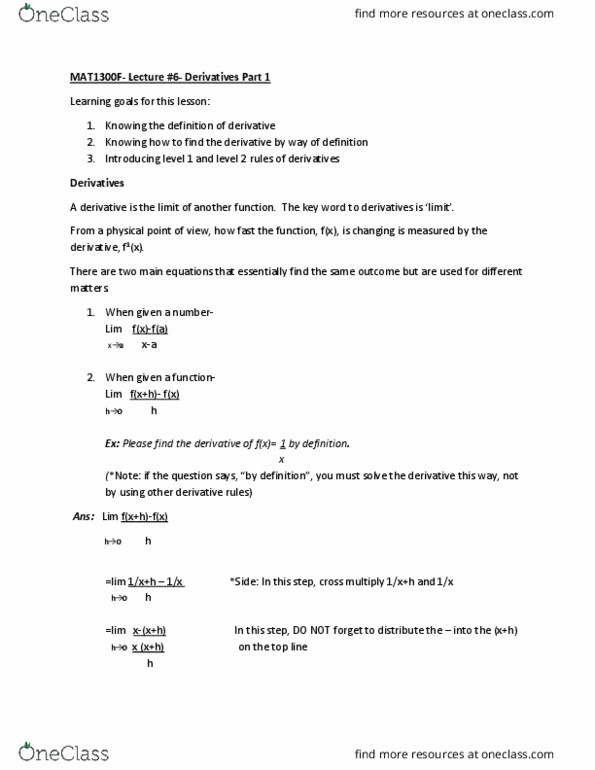 MAT 1300 Lecture Notes - Lecture 6: Logarithm, Marginal Revenue, Power Rule thumbnail