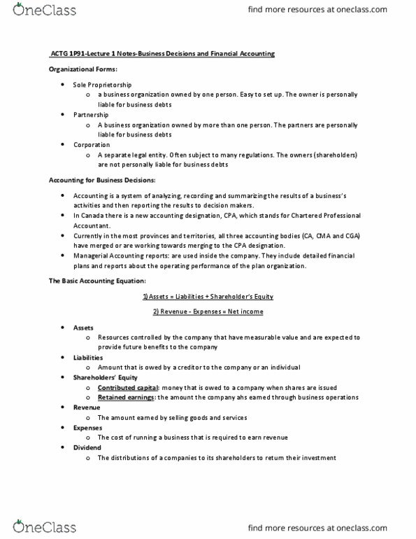 ACTG 1P91 Lecture Notes - Lecture 1: International Financial Reporting Standards, Income Statement, Net Income thumbnail