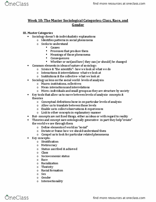 Sociology 1020 Lecture Notes - Lecture 10: Class Stratification, Sare, Upper Class thumbnail