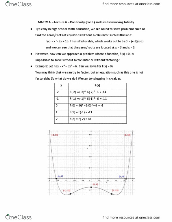 MAT 21A Lecture Notes - Lecture 6: Asymptote, Classification Of Discontinuities, Intermediate Value Theorem thumbnail