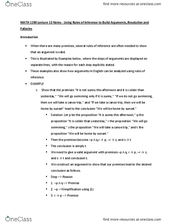 MATH 1190 Lecture Notes - Lecture 13: Hypothetical Syllogism, Propositional Calculus, Logical Form thumbnail