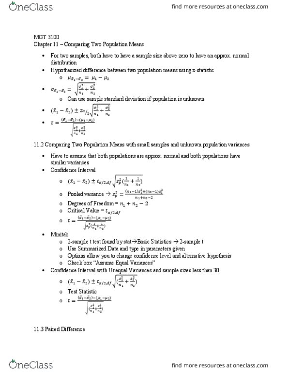 MGT-3100 Lecture Notes - Lecture 2: Pooled Variance, Confidence Interval, Checkbox thumbnail