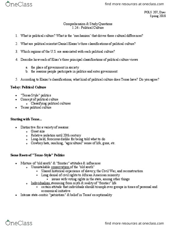 POLS 207 Lecture Notes - Lecture 3: Puritans, Daniel J. Elazar, Positive Force thumbnail