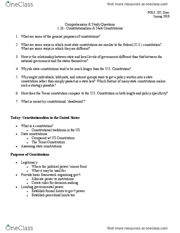 POLS 207 Lecture Notes - Lecture 4: Balanced Budget, Supremacy Clause, Constitutionalism thumbnail