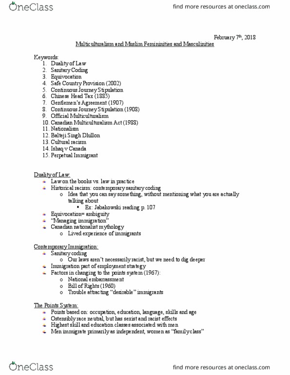 SOSC 1350 Lecture Notes - Lecture 17: Niqāb, Canadian Multiculturalism Act, Racism thumbnail