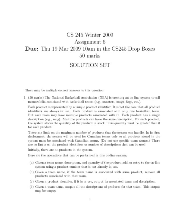CS245 Lecture : Assignment #6 + Solution Winter 2009 thumbnail