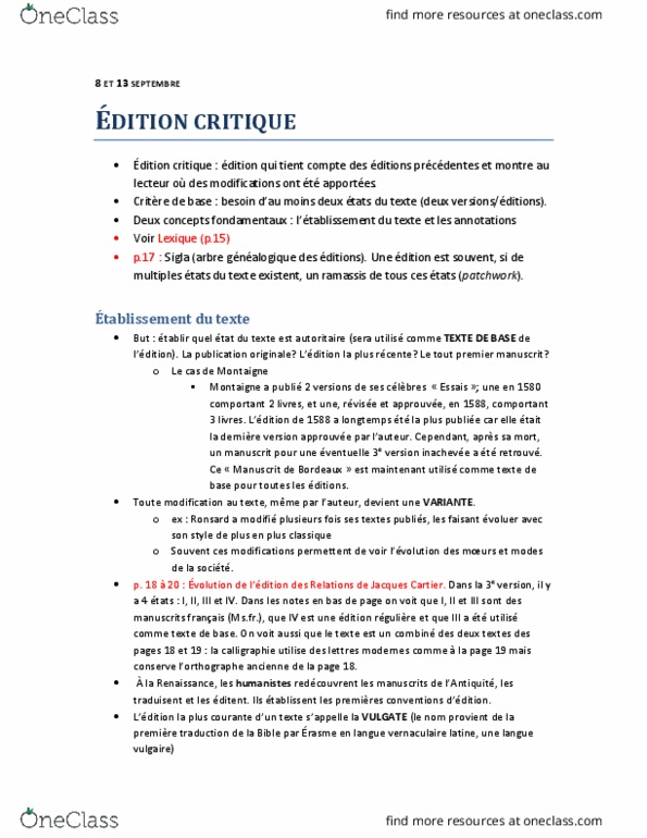 FREN 250 Lecture Notes - Lecture 1: Courante, Voir, Pierre De Ronsard thumbnail