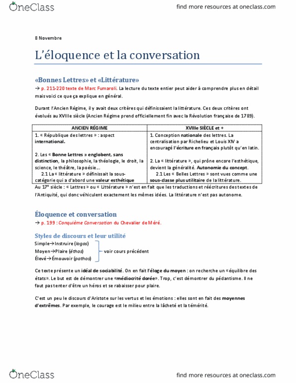 FREN 250 Lecture Notes - Lecture 23: Le Droit, Marc Fumaroli, Les Belles Lettres thumbnail