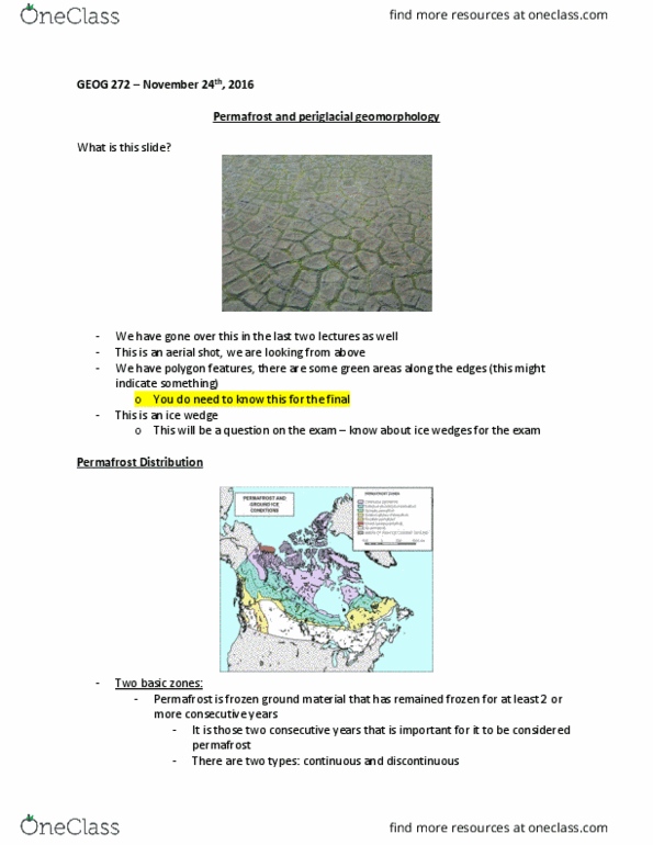 GEOG 272 Lecture Notes - Lecture 22: Cryosphere, Supersaturation, Geomorphology thumbnail