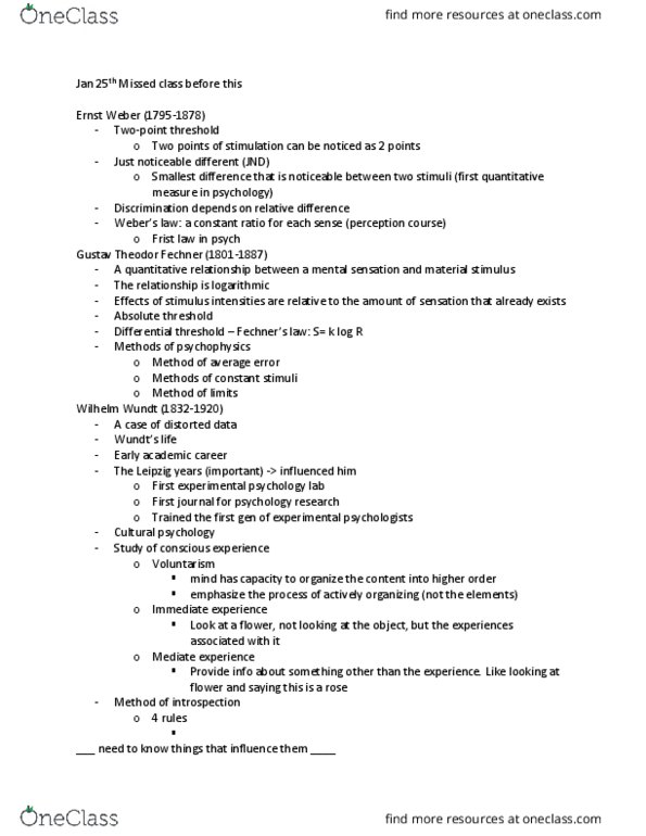 PSY 4130 Lecture Notes - Lecture 4: Wilhelm Wundt, Experimental Psychology, Absolute Threshold thumbnail