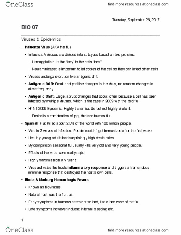 CHEM 181 Lecture Notes - Lecture 2: Hemagglutinin, Antigenic Drift, Internal Bleeding thumbnail