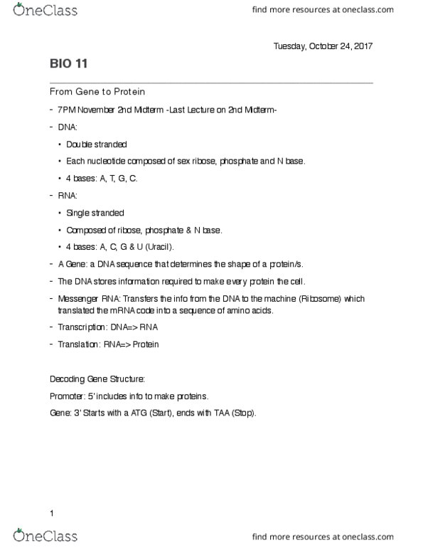 CHEM 181 Lecture Notes - Lecture 1: Complementary Dna, Peptide, Green Fluorescent Protein thumbnail