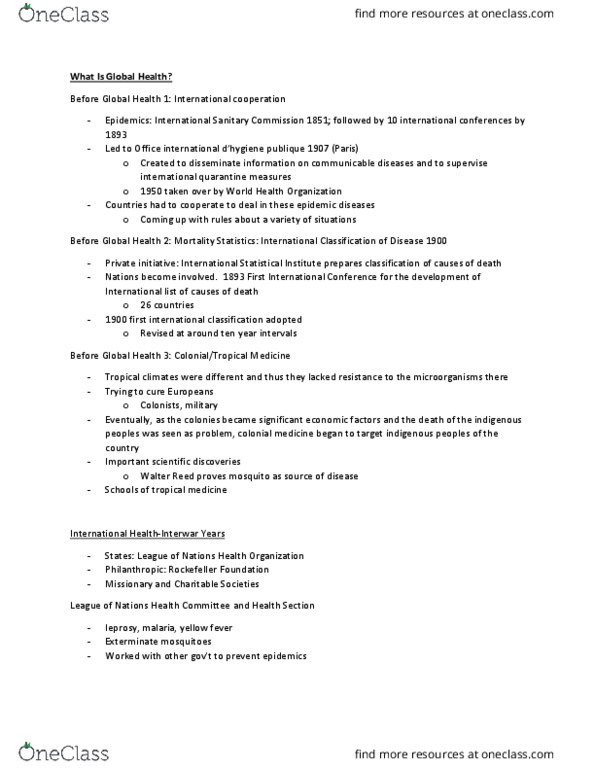 HIST 249 Lecture Notes - Lecture 25: Tropical Medicine, Yellow Fever, World Health Organization thumbnail