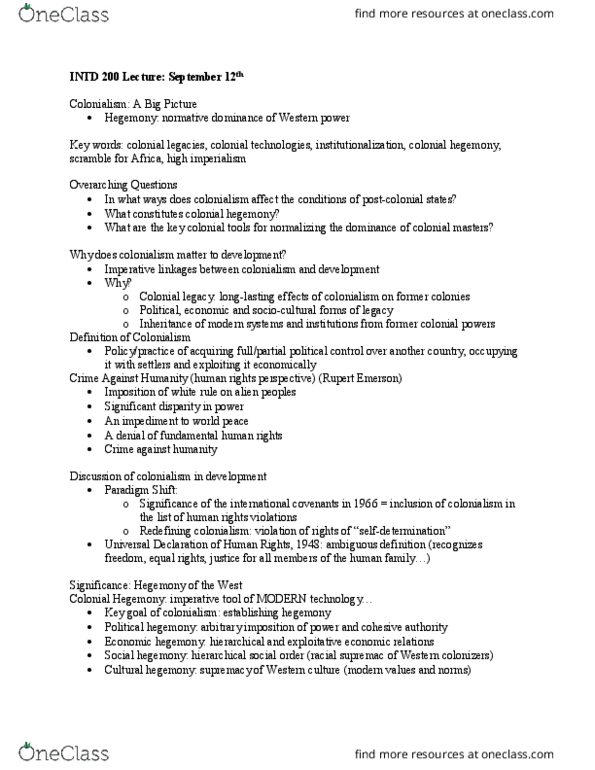 INTD 200 Lecture Notes - Lecture 4: Cultural Hegemony, Capital Accumulation, Chartered Company thumbnail