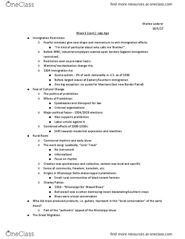 HIST 1025 Lecture Notes - Lecture 11: New Media, Immigration Act Of 1924, Charley Patton thumbnail