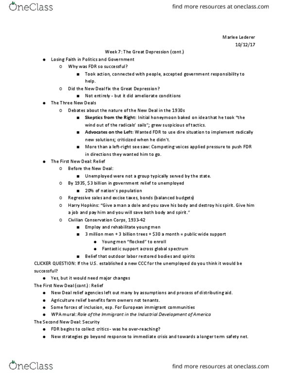 HIST 1025 Lecture Notes - Lecture 13: National Labor Relations Act, Comcast Spectacor, New Deal thumbnail