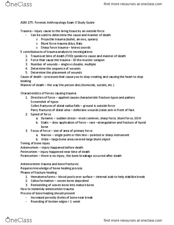 ASM 275 Study Guide - Winter 2018, Final - False Start, Maxilla, Ulna