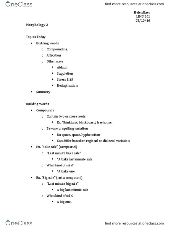 LING 201 Lecture Notes - Lecture 11: Suppletion, Bake Sale, Caveman thumbnail