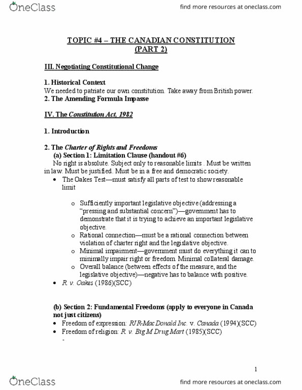 CRIM 135 Lecture Notes - Lecture 4: Supremacy Clause, Patriation, Section 33 Of The Canadian Charter Of Rights And Freedoms thumbnail