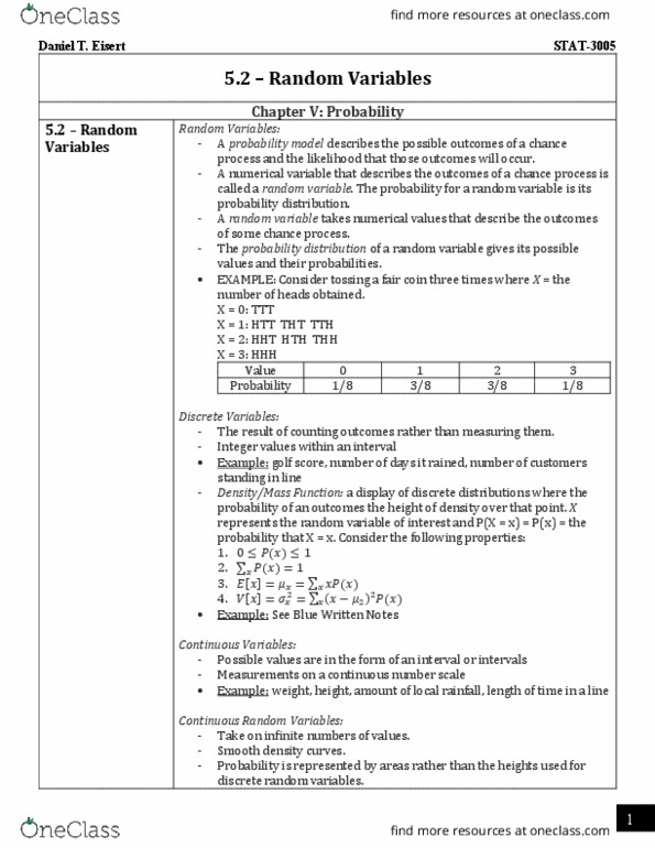 STAT 3005 Lecture Notes - Lecture 5: Simple Random Sample, Unimodality, Fair Coin thumbnail