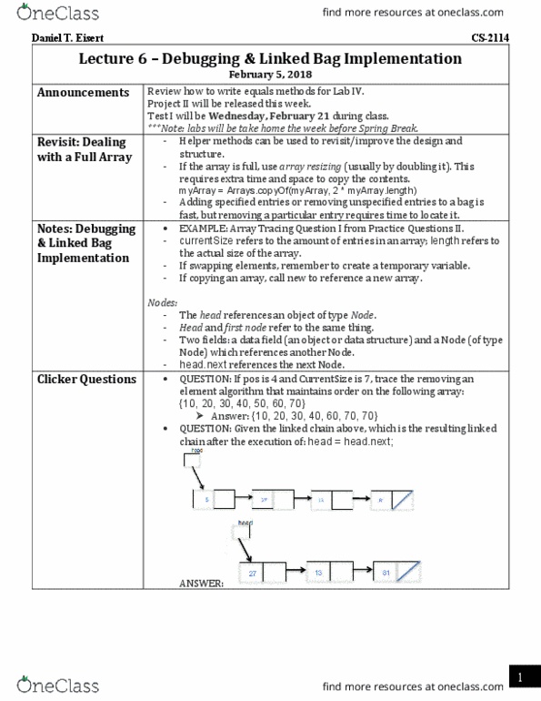 CS 2114 Lecture 6: CS-2114 - Notes - Day 6 - Debugging and Linked Bag Implementation thumbnail