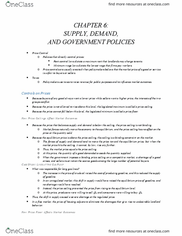 ECO 201 Chapter Notes - Chapter 6: Economic Equilibrium, Price Ceiling, Working Poor thumbnail