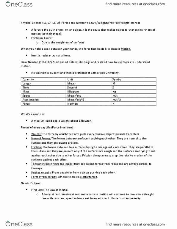 PSC 1121 Lecture Notes - Lecture 6: Kilogram, Net Force, Weightlessness thumbnail