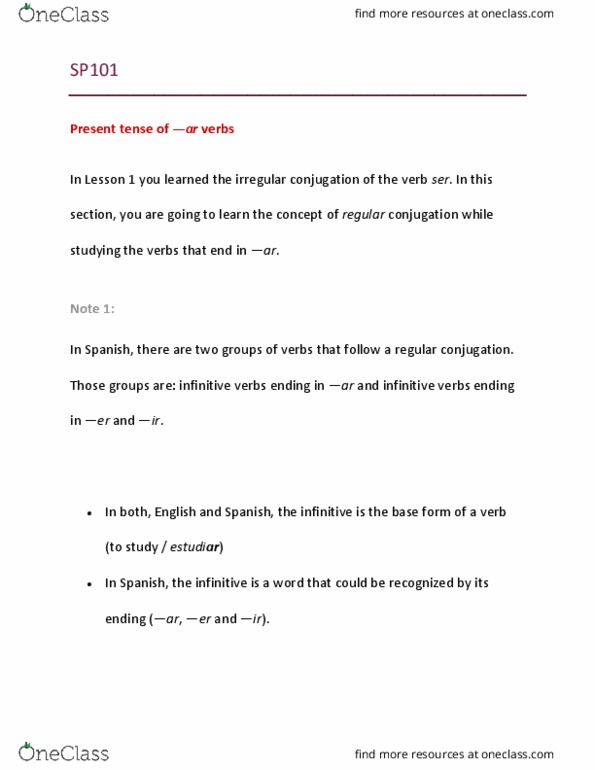 SP101 Lecture Notes - Lecture 8: Infinitive, Regular And Irregular Verbs, Ruger Sp101 thumbnail