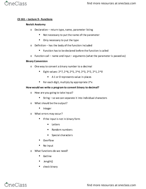 CS 161 Lecture Notes - Lecture 9: Binary Number thumbnail