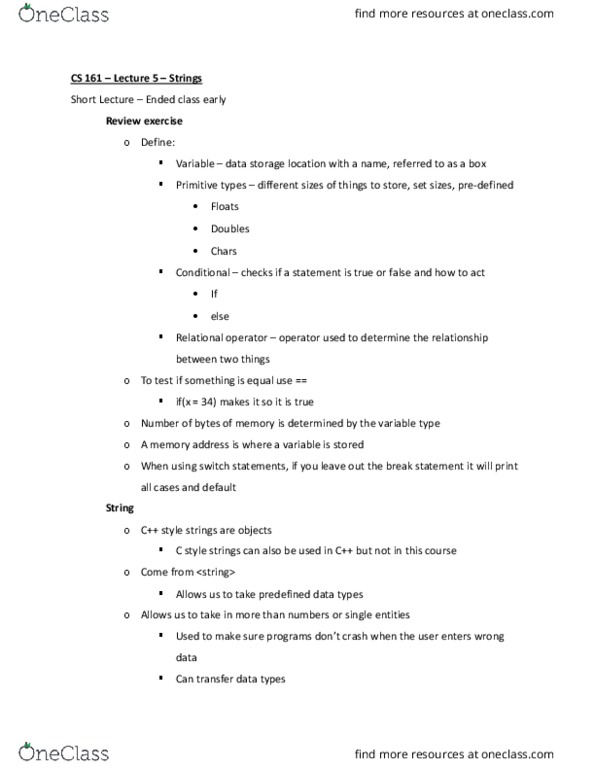 CS 161 Lecture Notes - Lecture 5: Relational Operator, Delimiter, Memory Address thumbnail