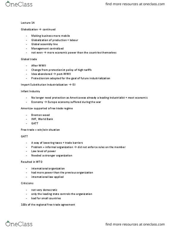 POLS 3125 Lecture Notes - Lecture 14: Foreign Direct Investment, Brenton Wood, World Trade Organization thumbnail