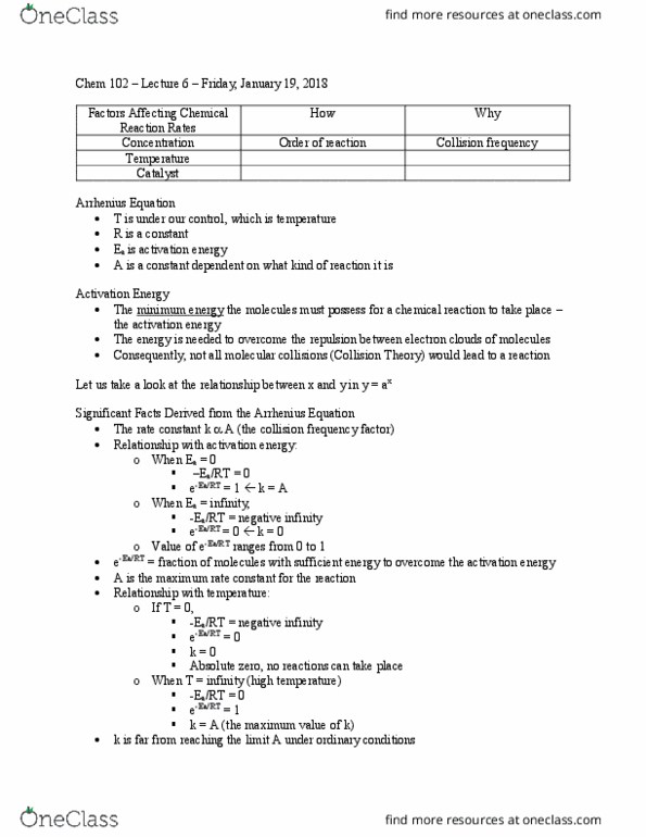 CHEM102 Lecture Notes - Lecture 6: Collision Frequency, Arrhenius Equation, Activation Energy thumbnail