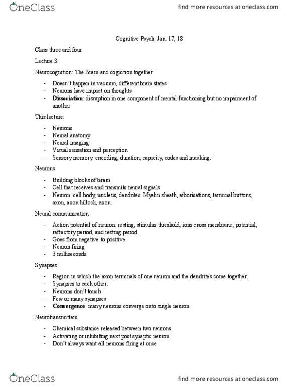 PSYC 2700 Lecture Notes - Lecture 3: Processor Register, Motor Cortex, Neocortex thumbnail