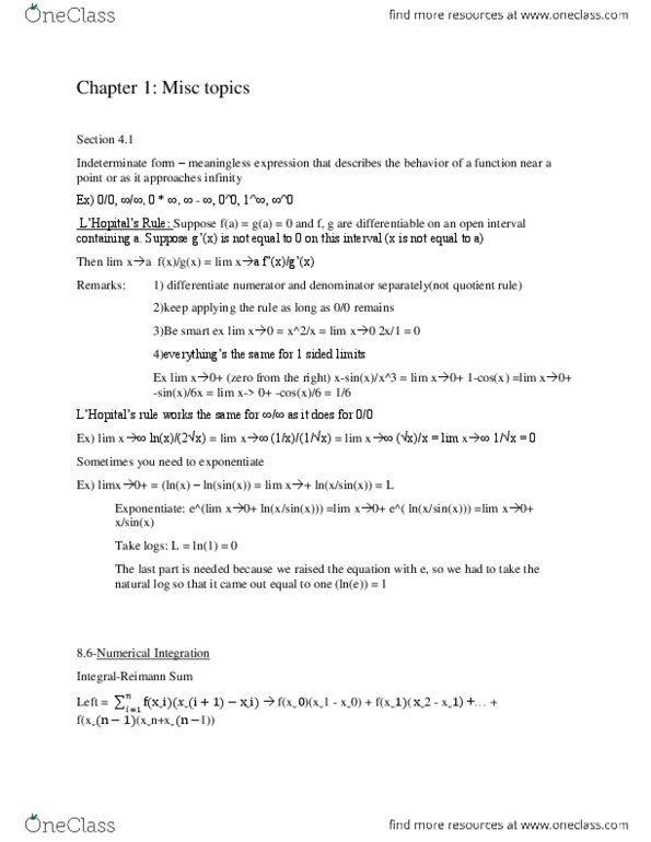 MATH 1502 Chapter Notes - Chapter 1: Indeterminate Form, Antiderivative, Quotient Rule thumbnail