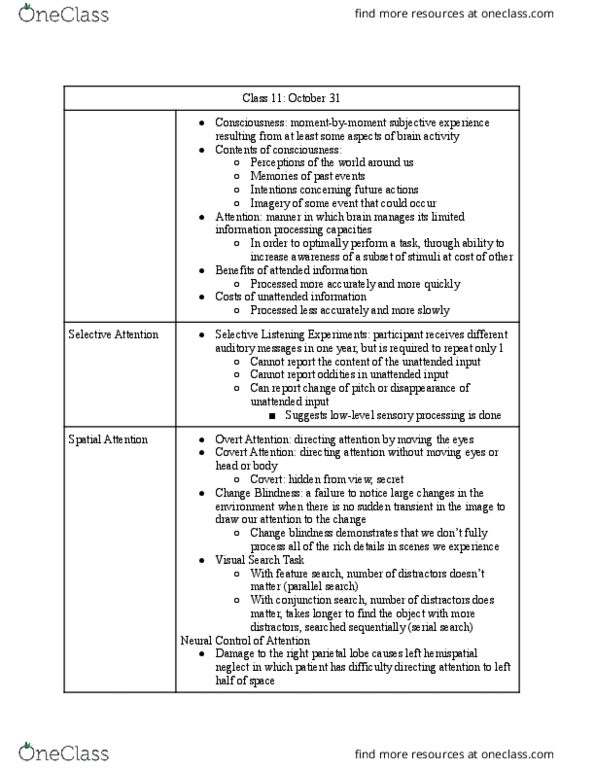 PSY 201 Lecture Notes - Lecture 11: Gyrus, Visual Search, Parietal Lobe thumbnail