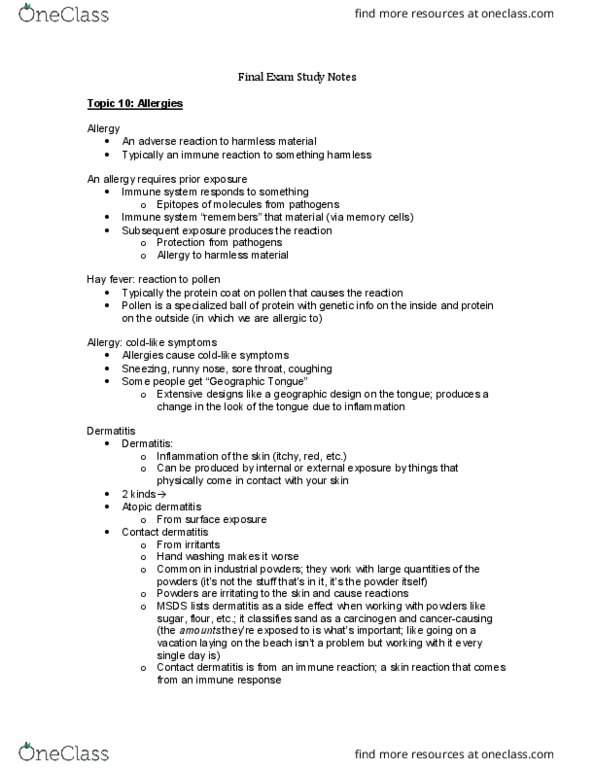 BPS 1101 Lecture Notes - Lecture 10: Arginine, Anaphylaxis, Immunotherapy thumbnail