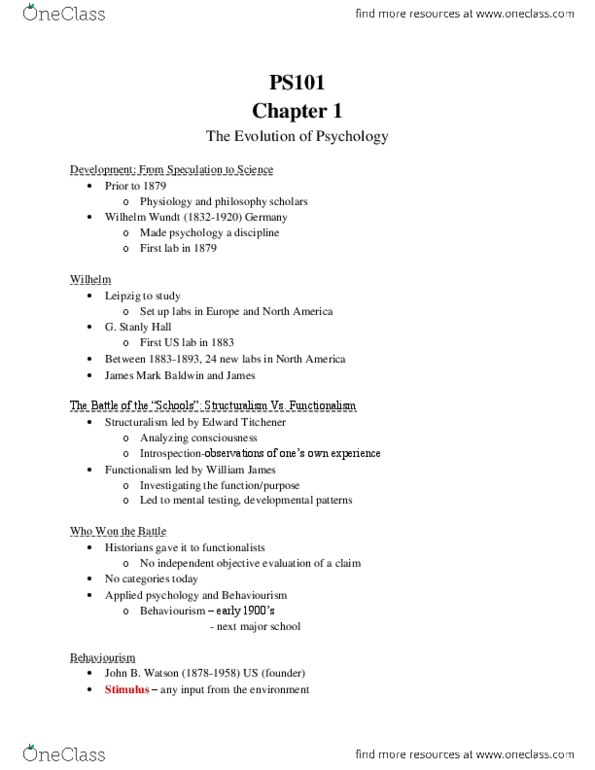 PS101 Chapter Notes - Chapter 1: Applied Psychology, Wilhelm Wundt, Behaviorism thumbnail