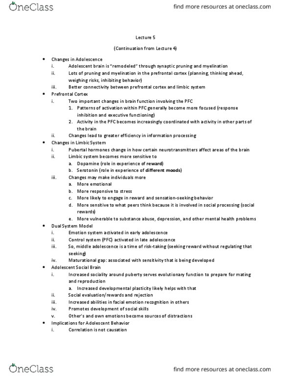 PSYC 314 Lecture Notes - Lecture 5: Synaptic Pruning, Prefrontal Cortex, Emotion Recognition thumbnail