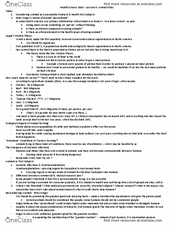 Health Sciences 2610F/G Lecture Notes - Lecture 9: Kilogram, Richard Posner, Eating Animals thumbnail